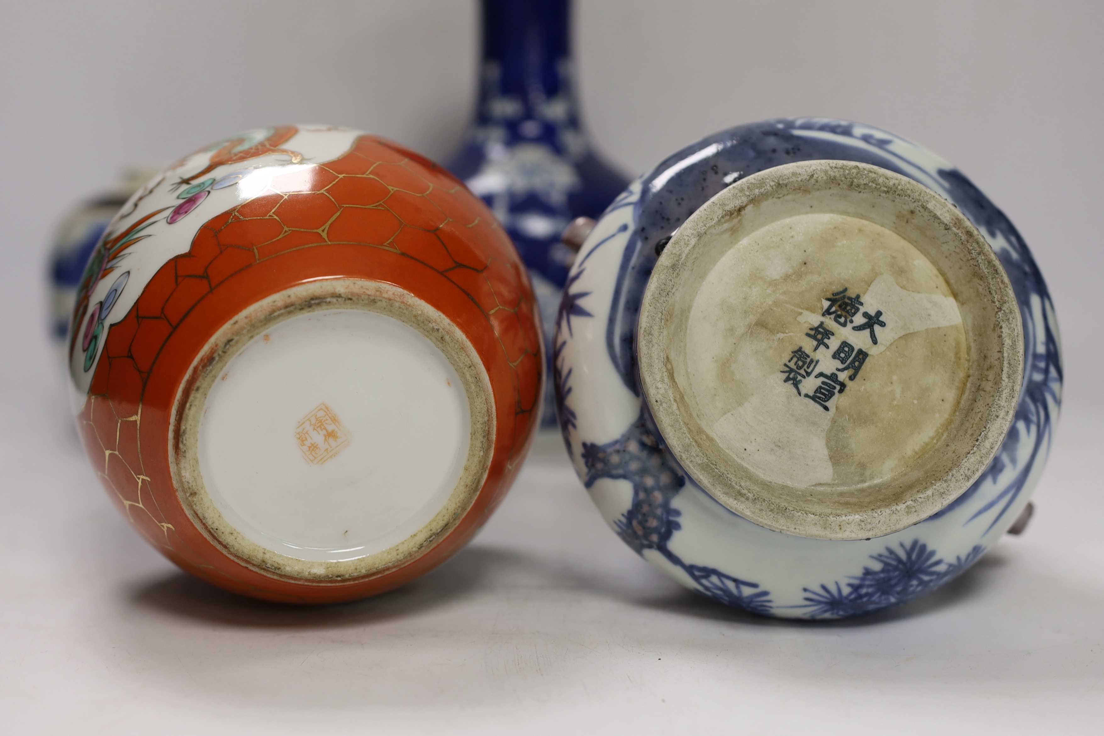 Two Chinese famille rose jars, a similar pot with cover, a brush pot and a vase, 18th century and later, tallest 24cm (5)